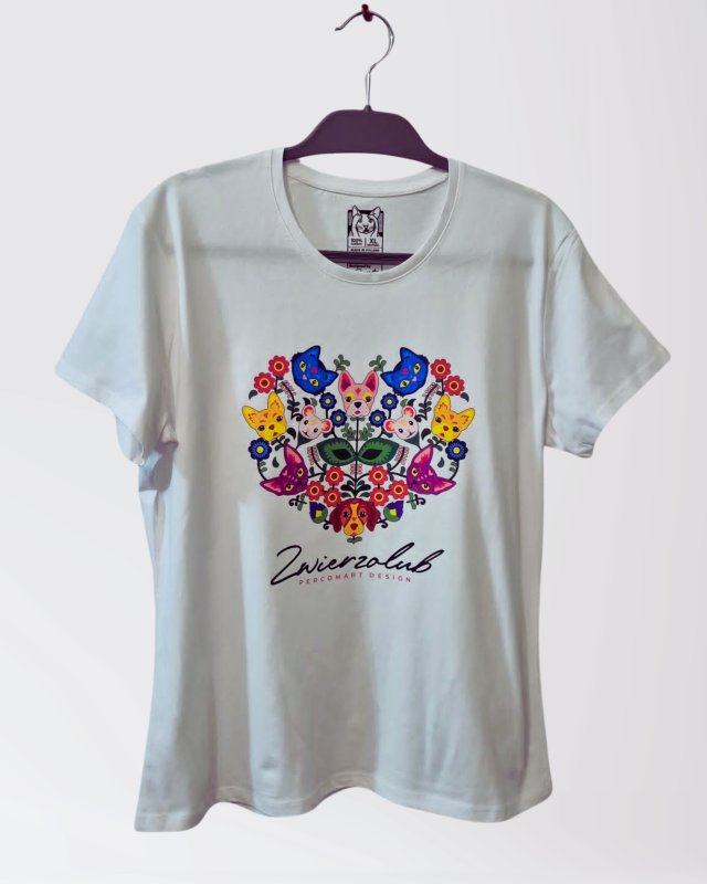 T-shirt damski - Zwierzolub - pieski kotki - wzór folkowy - XXL