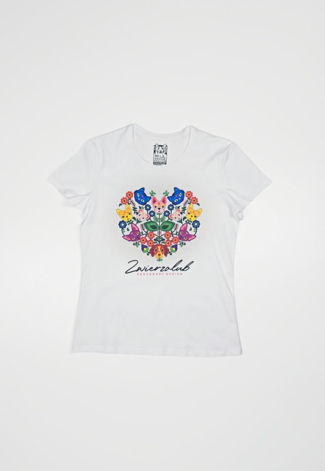 T-shirt damski - Zwierzolub - pieski kotki - wzór folkowy - L