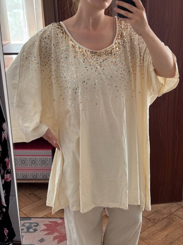 Kremowa bluzka z cekinami Roaman's 5X Plus Size oversize złote płatki 9XL / 58 / 30