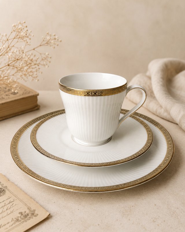 Seltmann Weiden Zestaw Śniadaniowy porcelana Filiżanka biel złocenia Elegancja Vintage
