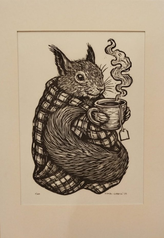 Wiewiórka, Wiewióra Jesieniara - oprawione passe-partout - Linoryt, ilustracja, grafika, obrazek, obraz, sztuka, plakat, dekoracje