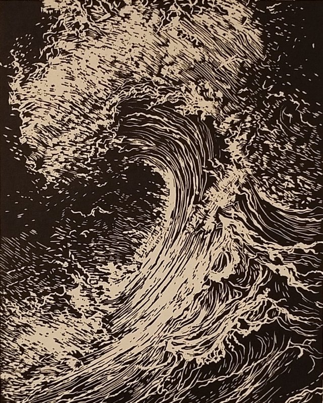 Fala, Sztorm, Ocean, Morze - oprawione passe-partout + ramka - Linoryt, ilustracja, grafika, obrazek, obraz, sztuka, plakat, dekoracje,