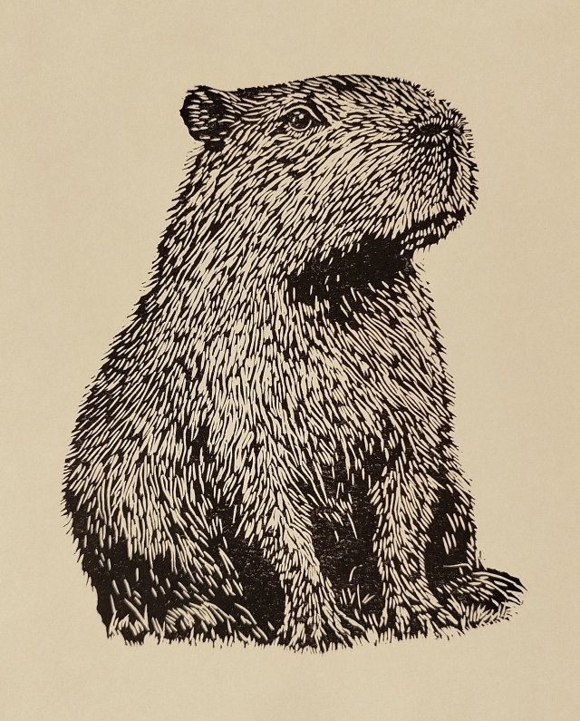 Kapibara  - oprawione passe-partout - Linoryt, ilustracja, grafika, obrazek, obraz, sztuka, plakat, dekoracje