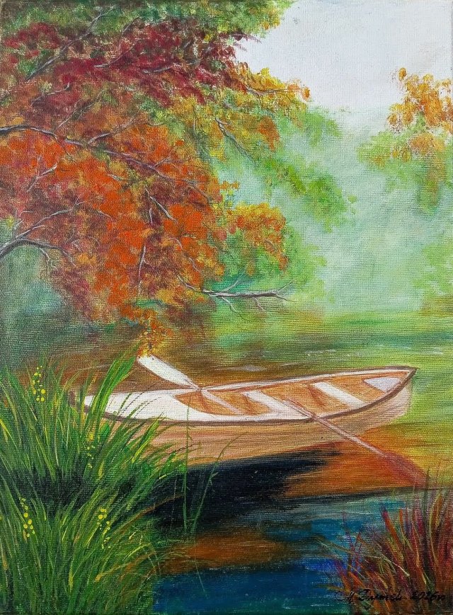 NASTROJOWY PEJZAŻ MALOWANY NA PŁÓTNIE - "ZATOKA WSPOMNIEŃ" 40x30cm
