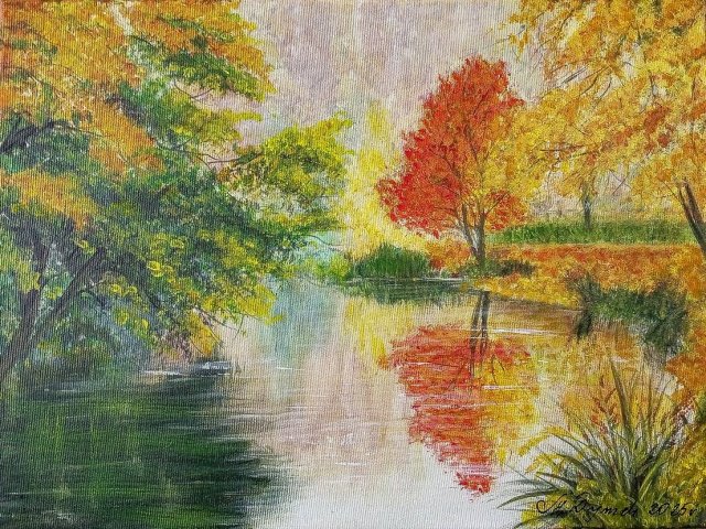 NASTROJOWY PEJZAŻ MALOWANY NA PŁÓTNIE - "PŁOMIEŃ JESIENI" 30x40cm