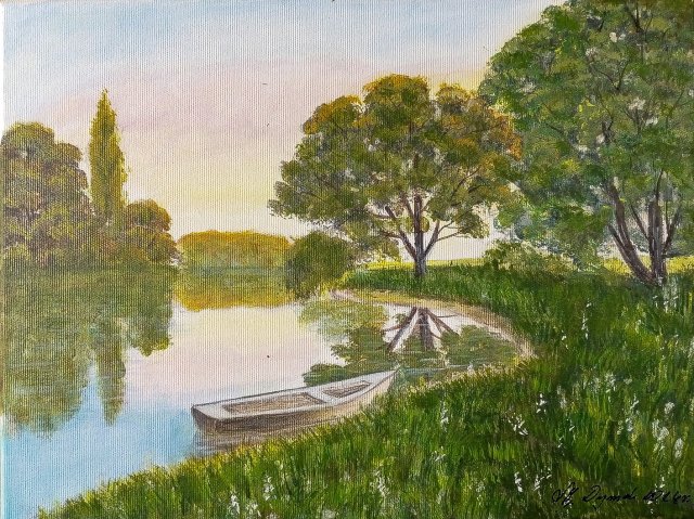 NASTROJOWY PEJZAŻ MALOWANY NA PŁÓTNIE - "CICHA PRZYSTAŃ" 30x40cm