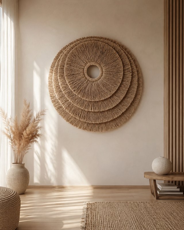 Rozeta, makrama z juty boho na ścianę.  Naturalna, minimalistyczna