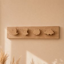 Drewniany wieszak ścienny, zwierzątka, dąb, do leśnego pokoju dziecka, rustykalne boho dodatki z drewna, leśne zwierzęta, leśny pokój
