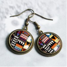 aztec- artystyczne kolczyki - grafika etniczna - antyczny złoty brąz i szkło