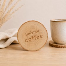 Podstawka pod kubek, brzozowy plaster drewna, time for coffee, podkładka eko, naturalna, boho na prezent dla kawosza, fana kawy