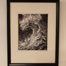 Fala, Sztorm, Ocean, Morze - oprawione passe-partout - Linoryt, ilustracja, grafika, obrazek, obraz, sztuka, plakat, dekoracje