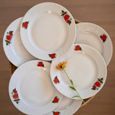 Komplet 6 talerzy obiadowych z truskawkami, Lubiana, PRL