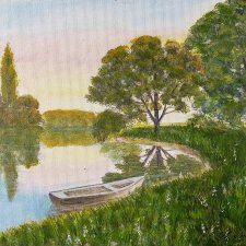NASTROJOWY PEJZAŻ MALOWANY NA PŁÓTNIE - "CICHA PRZYSTAŃ" 30x40cm