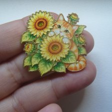 METALOWA EMALIOWANA PIN PRZYPINKA RUDY KOT KOTEK W SŁONECZNIKACH